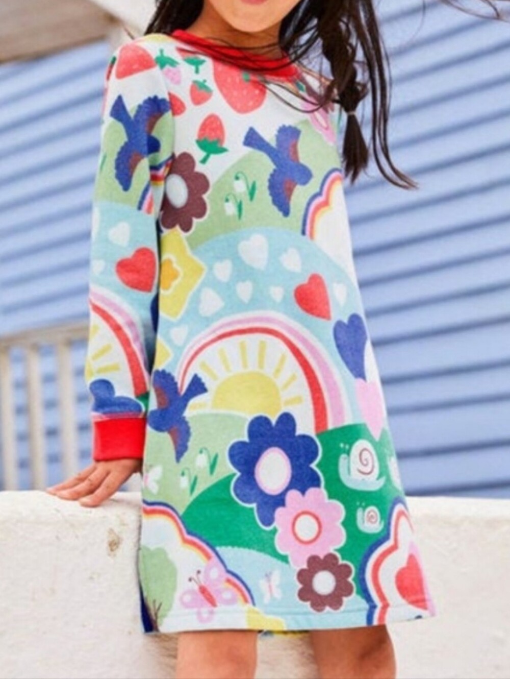 Mini Boden Multi Rainbow Floral Sweatshirt Dress - Strawberries Birds Cloids